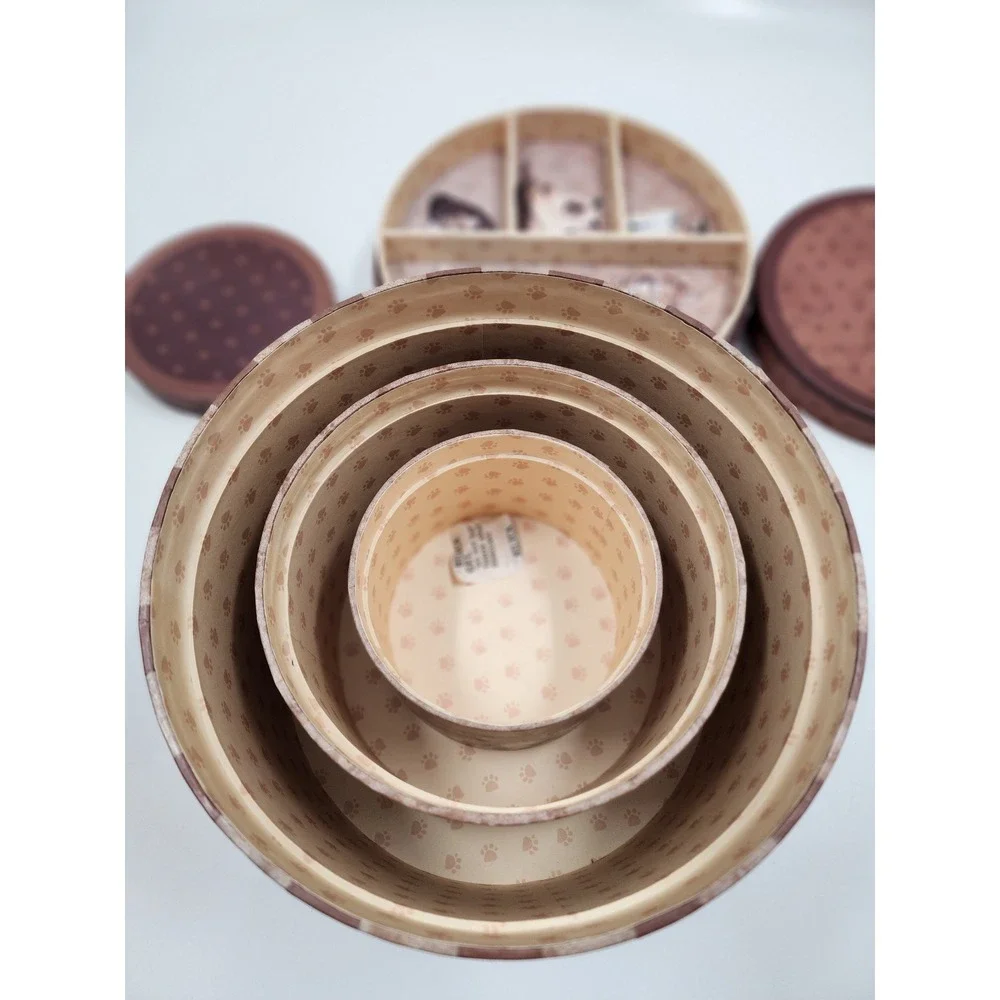 Nesting Cat Storage Boxes Set of 3 Round Decorative Organizers with Trays Brown